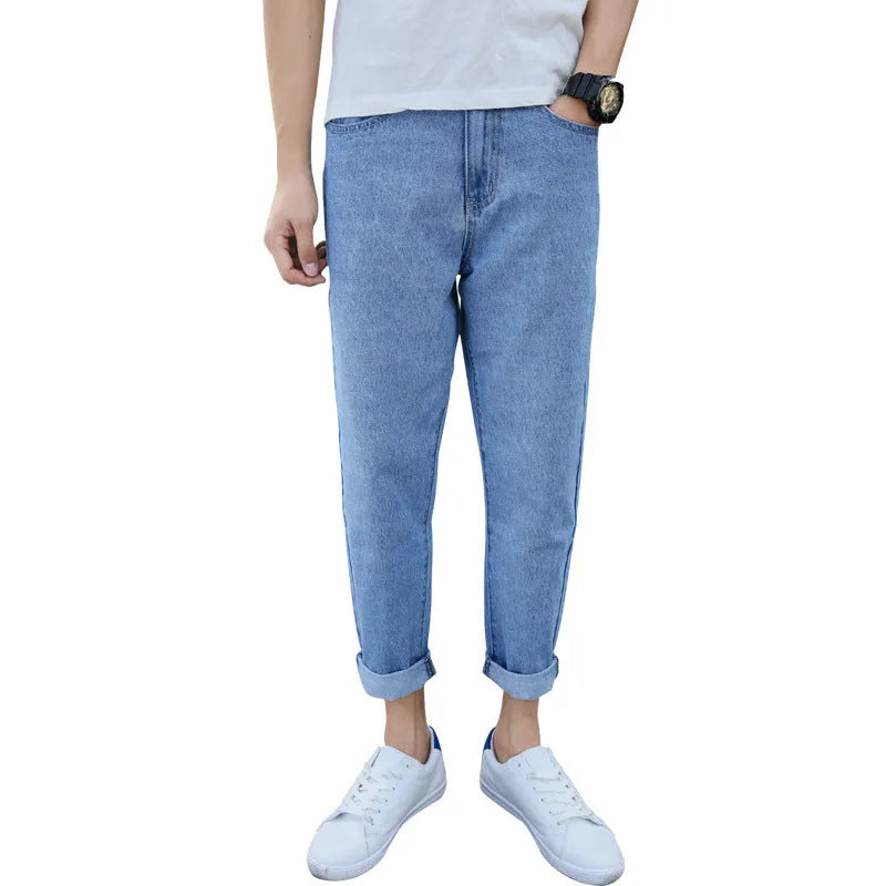 Men's loose straight leg jeans in black and blue colours with cotton fabric and casual college style.