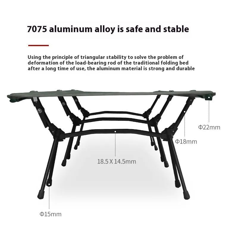 Portable folding camp bed with aluminium brackets in khaki colour, shown folded and in storage bag