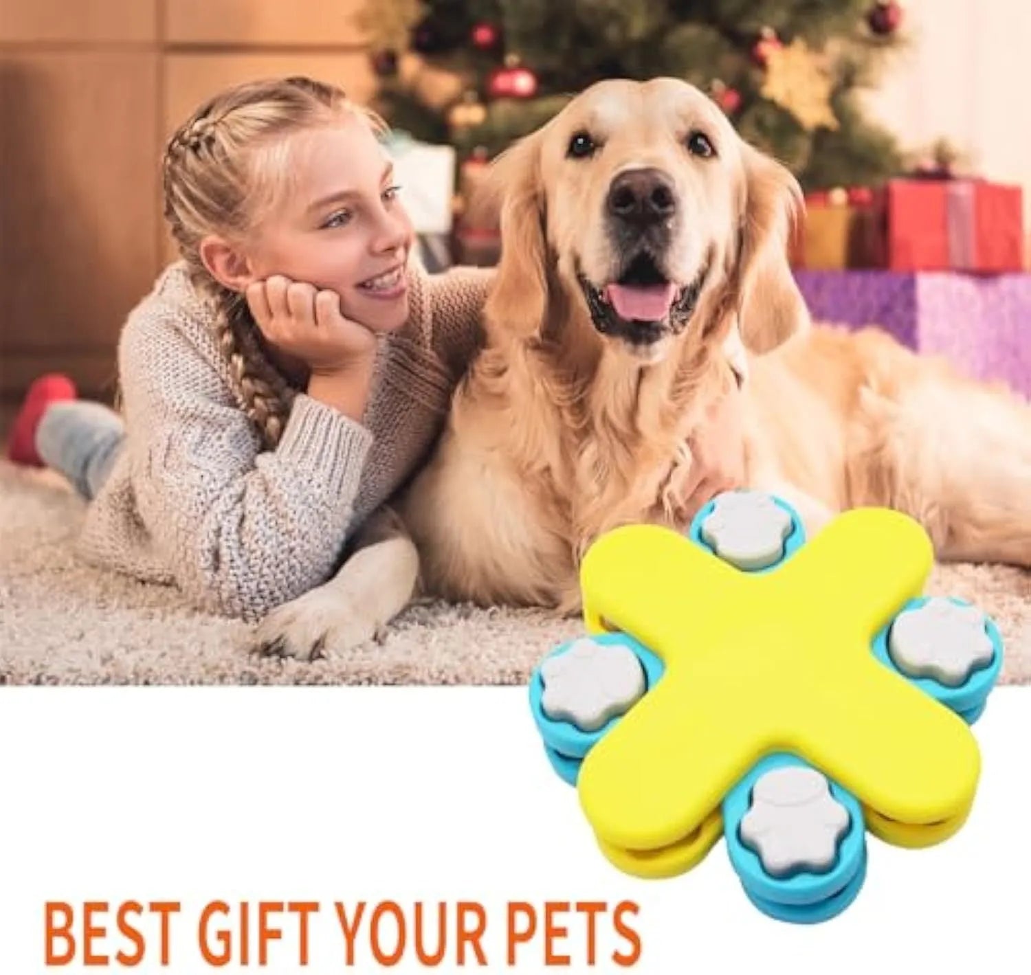 Yellow three-layer rotating dog puzzle feeder toy with claw-shaped lids on an anti-slip base.