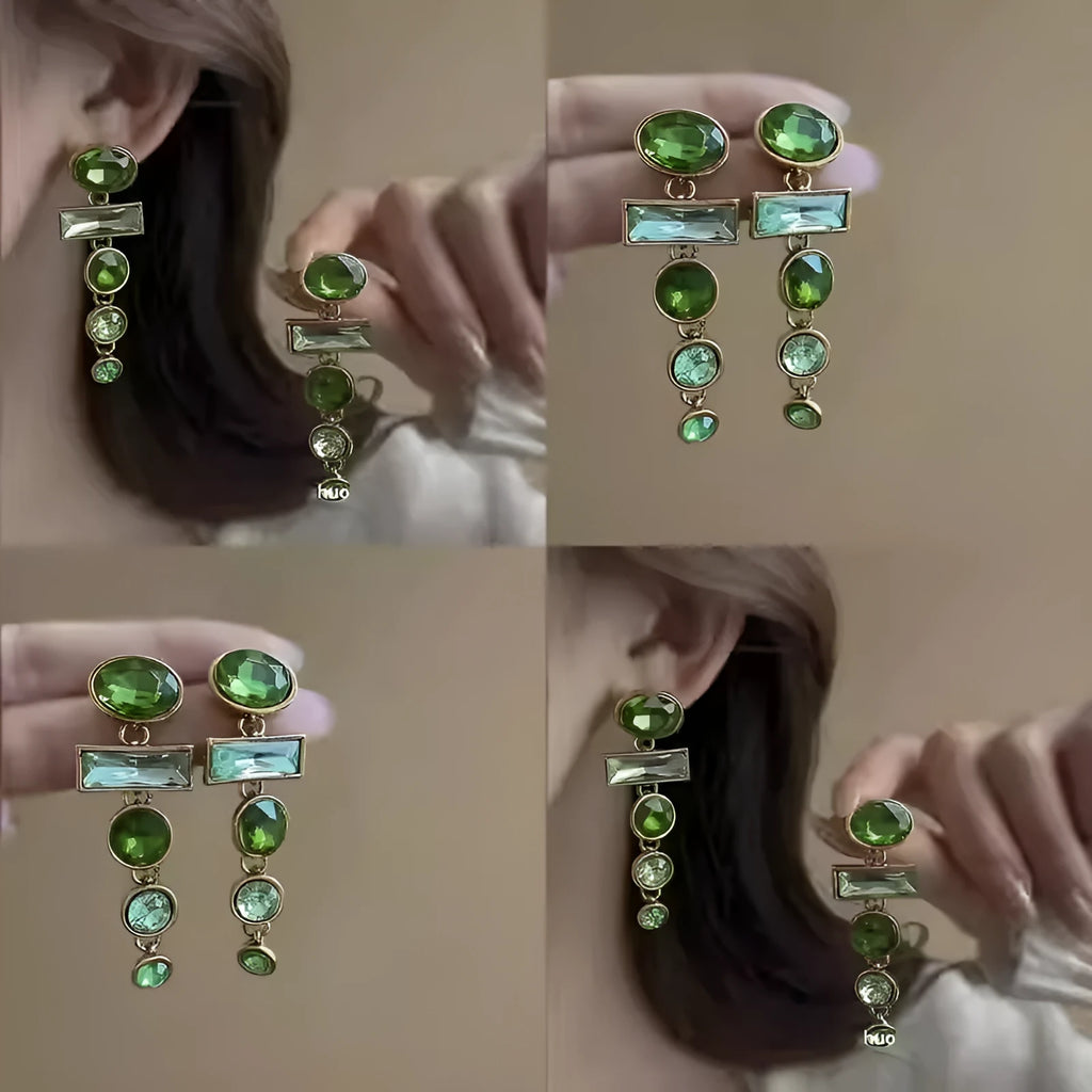 A pair of geometric-shaped green gradient earrings with zircon stones and a tassel, in a Chinese style.