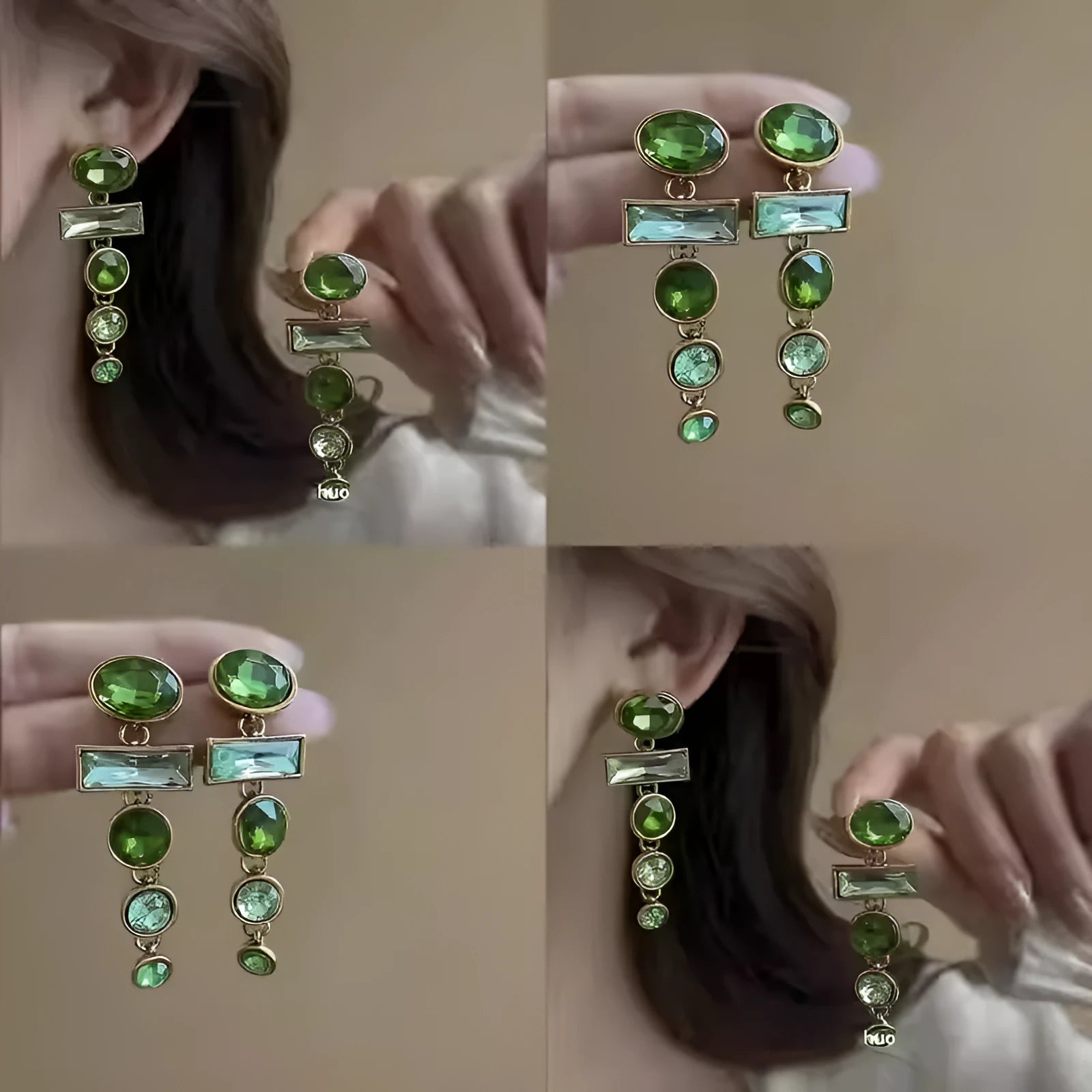 A pair of geometric-shaped green gradient earrings with zircon stones and a tassel, in a Chinese style.