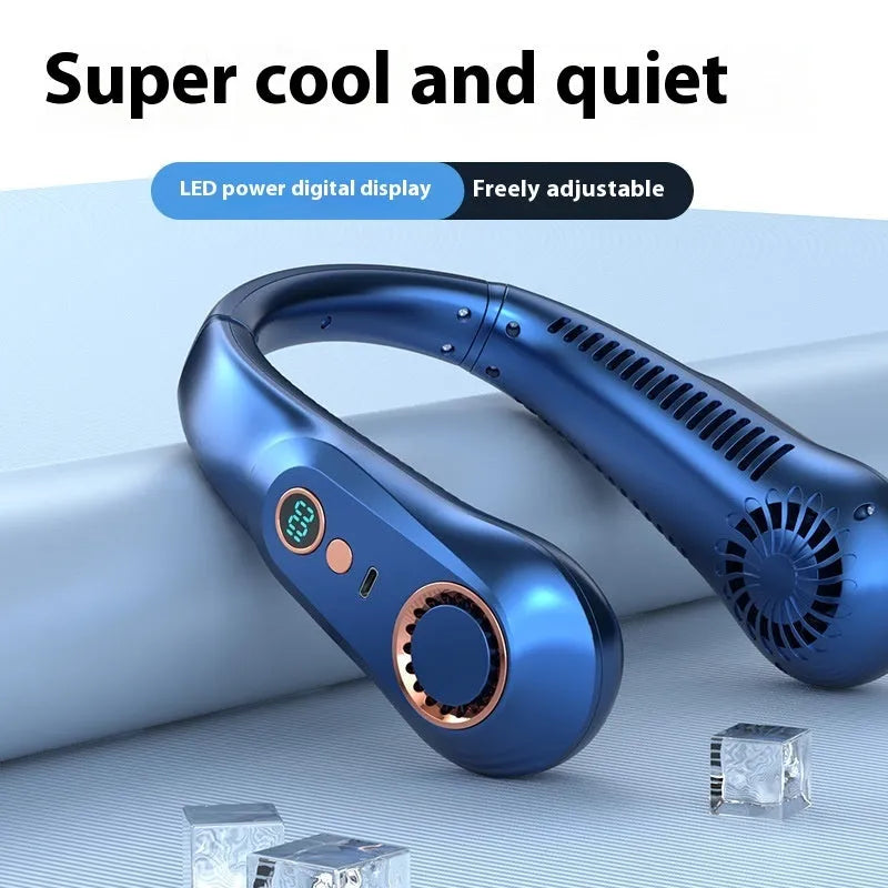 White portable bladeless bracket fan with digital display showing battery status, Type-C charging port, and dual 3000mAh battery.