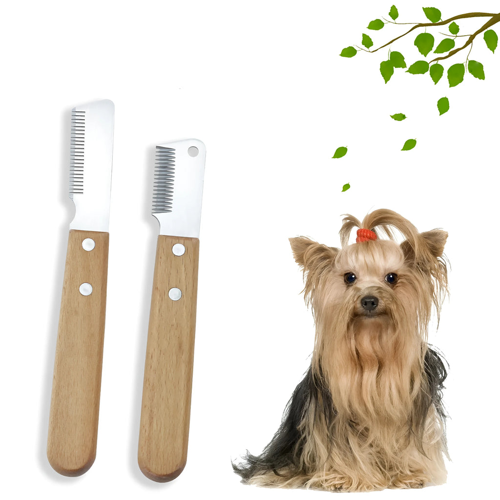 Pet stripping comb grooming tool with wood handle and metal teeth, shown in long and short size options.