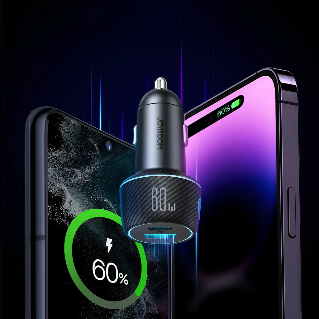 60W dual port car charger with button and seven colour ambient light, PC ABS black finish