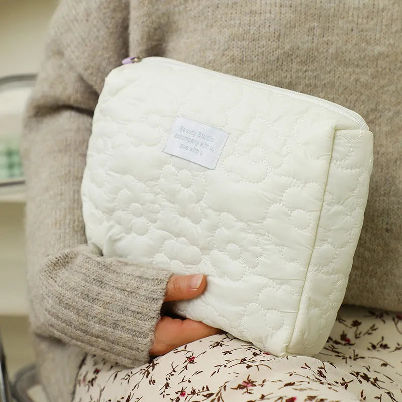Quilted candy colour cosmetic storage bag for women with matching sanitary pad bags