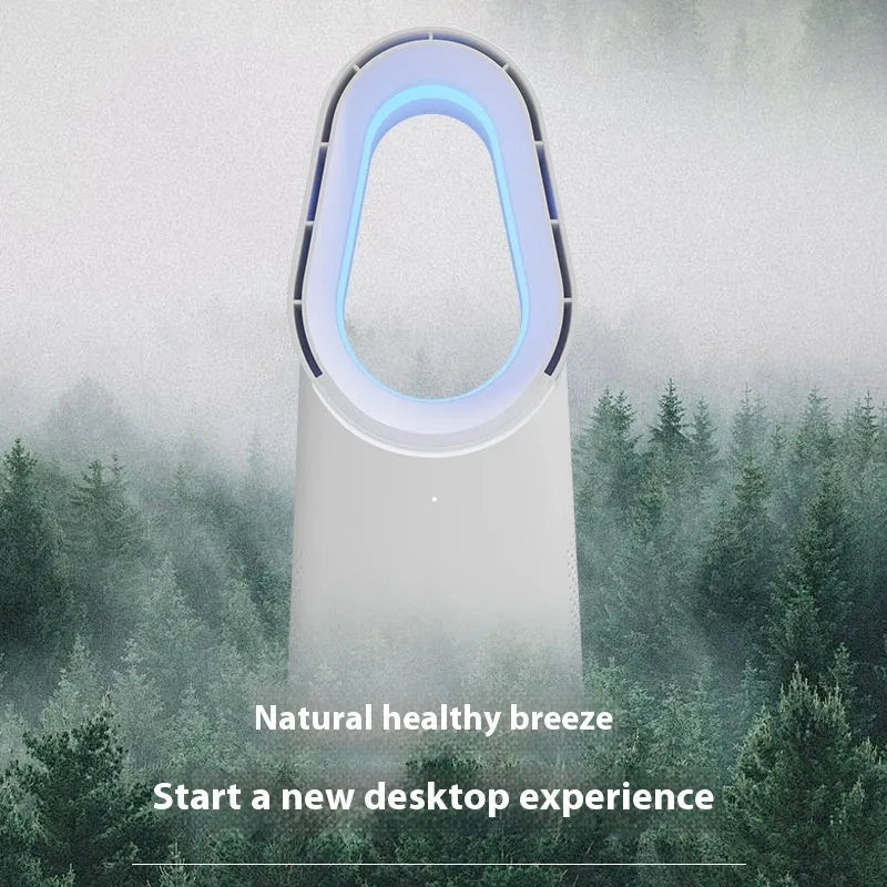 White bladeless tower fan with touch screen controls and remote on a desk.