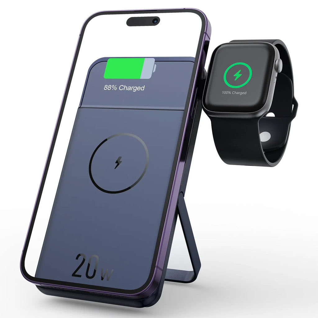 Black industrial-style magnetic wireless power bank showing three-in-one bracket design with 10000mAh capacity