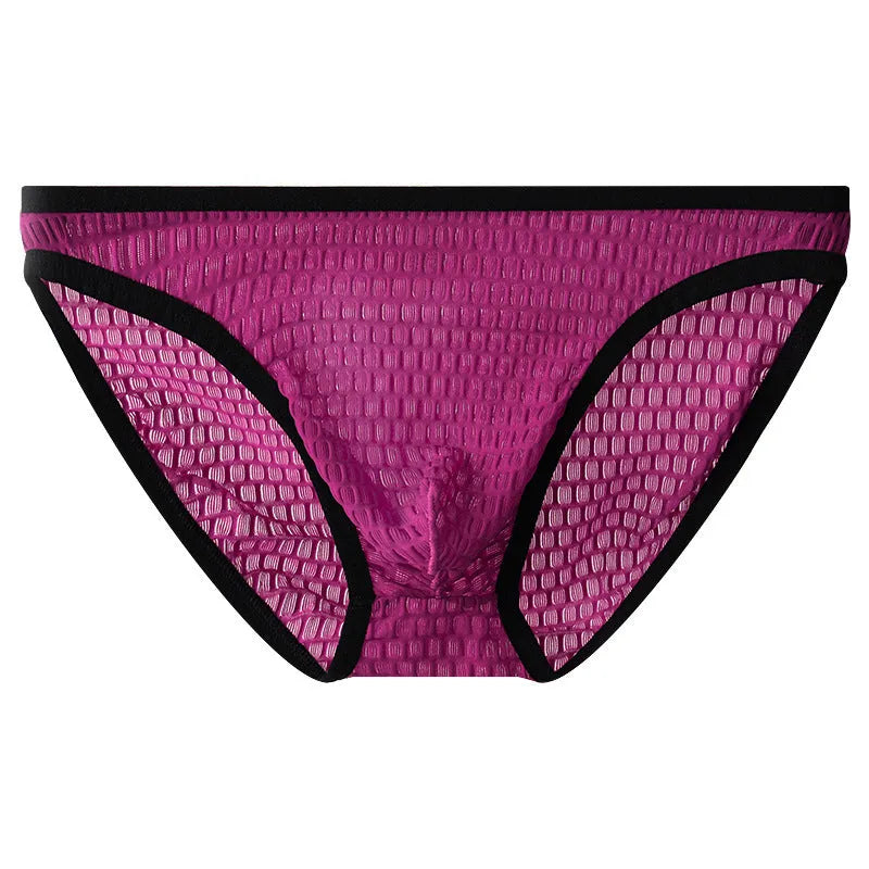 Men's low waist transparent nylon lace underwear in a solid colour with text print.