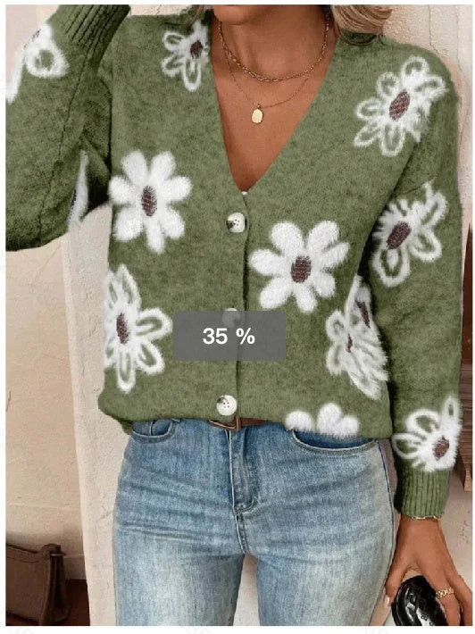 Flowers Print Button Front Cardigan in various colours, showcasing the detailed print and button-front design.