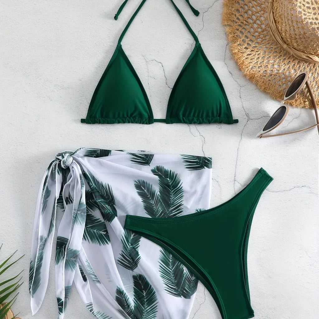 Women's three-piece bikini swimsuit set with solid colour swimwear and printed gauze skirt