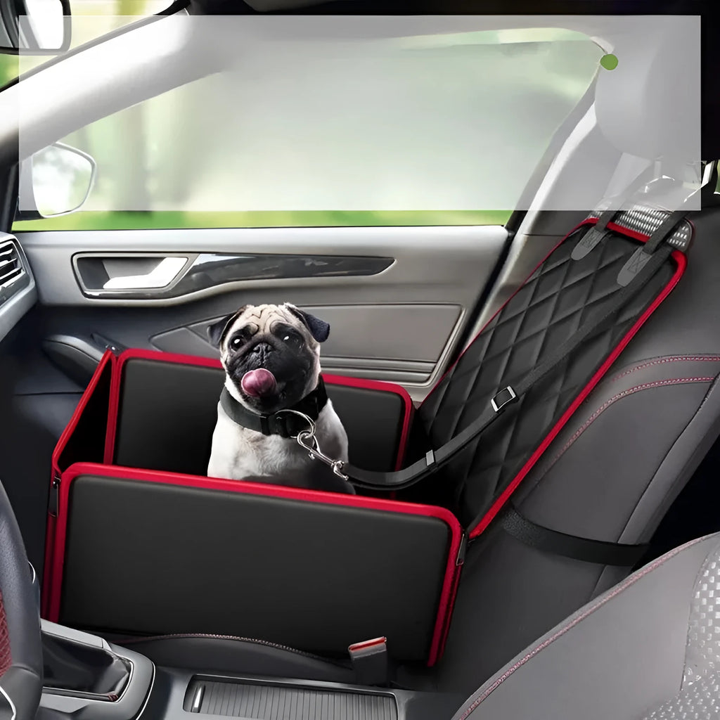 Black dog car pet pad with non-slip base on vehicle front seat measuring 42cm square