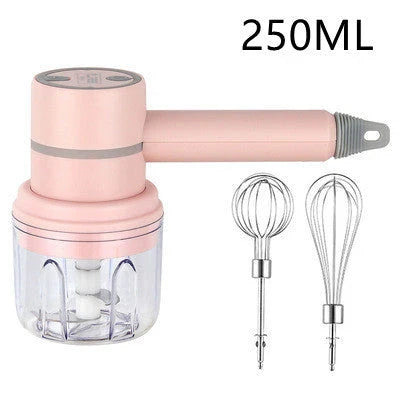 Cordless electric hand mixer with whisk and egg beater attachments, available in various colors