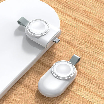 Apple-Compatible Magnetic Wireless Charger for iWatch, featuring a sleek, white design and USB port.