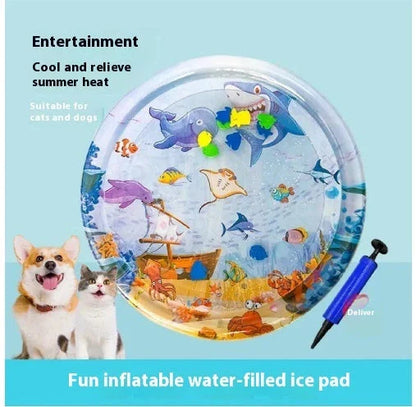 Chilled pet cooling water mat with ocean-themed designs for dogs and cats to stay cool and comfortable in summer