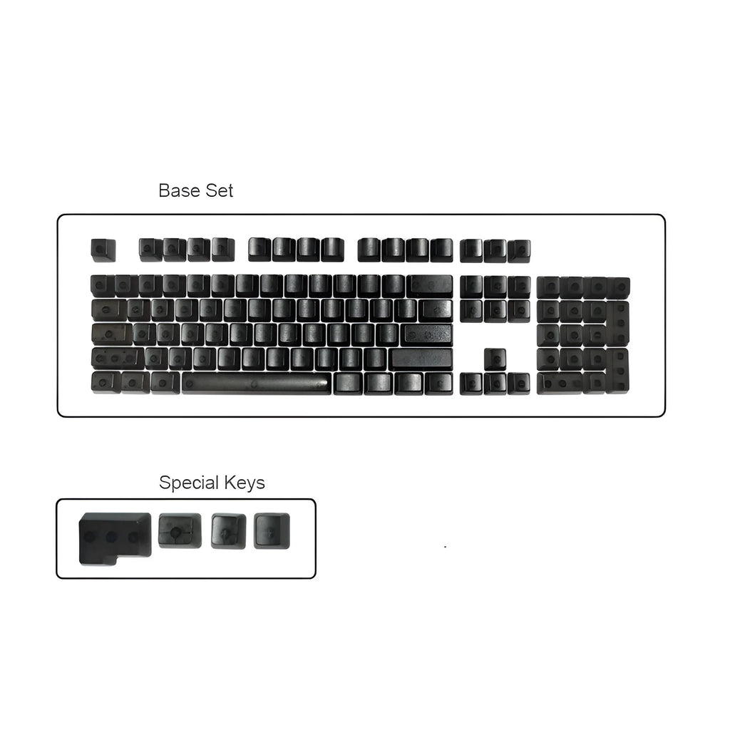 Set of 104 transparent PBT keycaps for mechanical keyboards in orange, white, blue, and black colours.