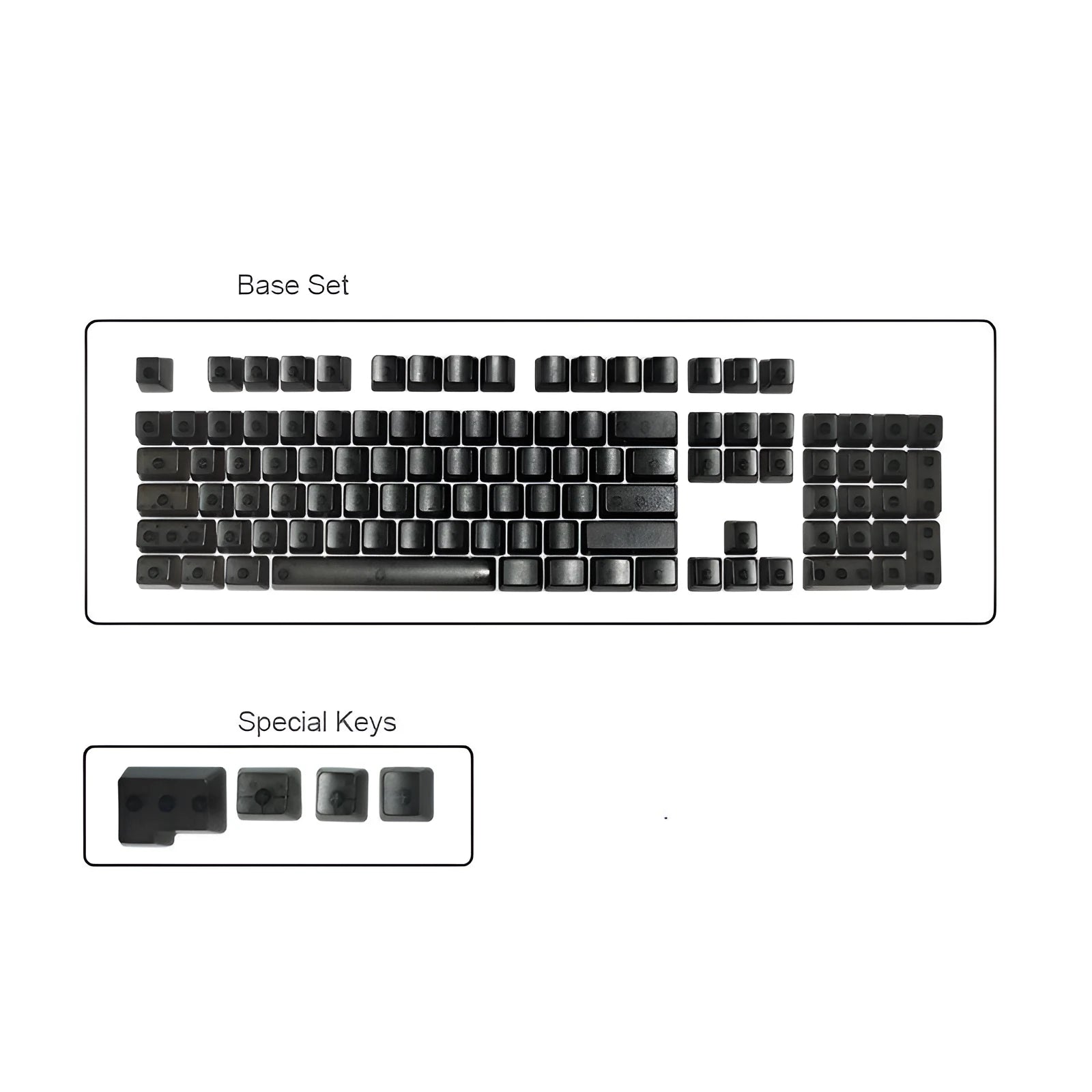 Set of 104 transparent PBT keycaps for mechanical keyboards in orange, white, blue, and black colours.