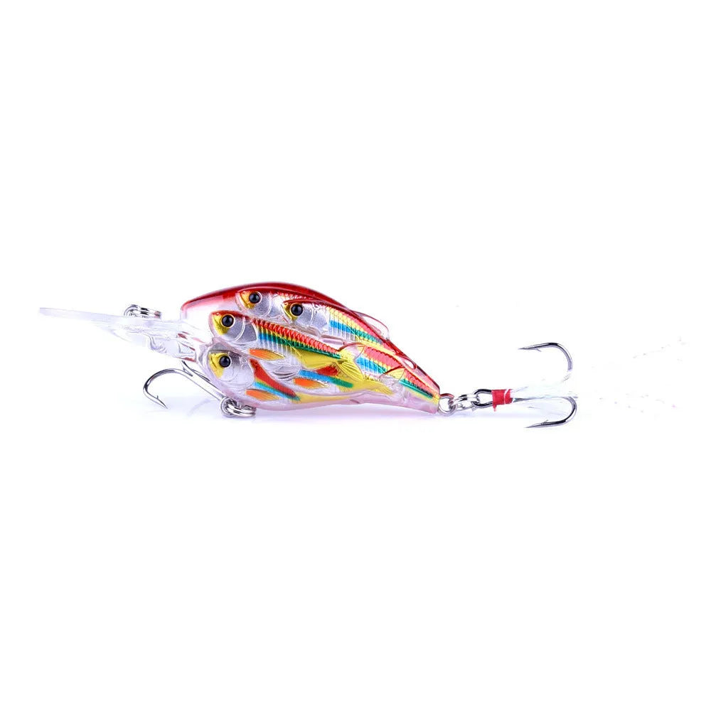 A 7.5 cm long ABS plastic fishing lure with a feather hook, shown in one of nine available colours.