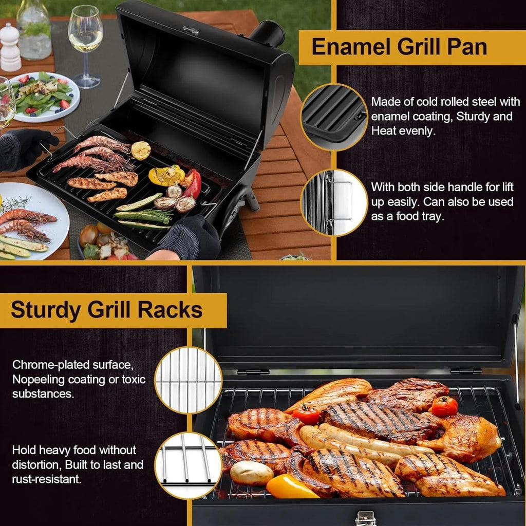 Small portable charcoal barbecue grill in a folded or unfolded state on a tabletop.