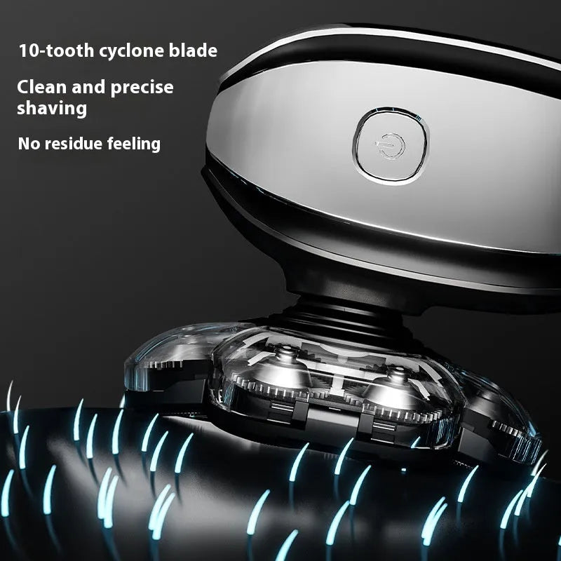 Black rechargeable 6-in-1 hair clipper kit with shaving head, nose trimmer, massage head, cleansing brush and three comb guards