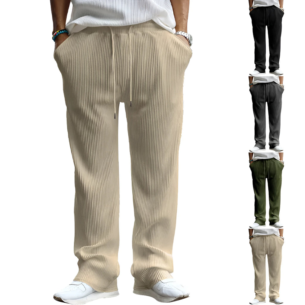 Men's casual loose fit striped high waist straight leg trousers in army green colour