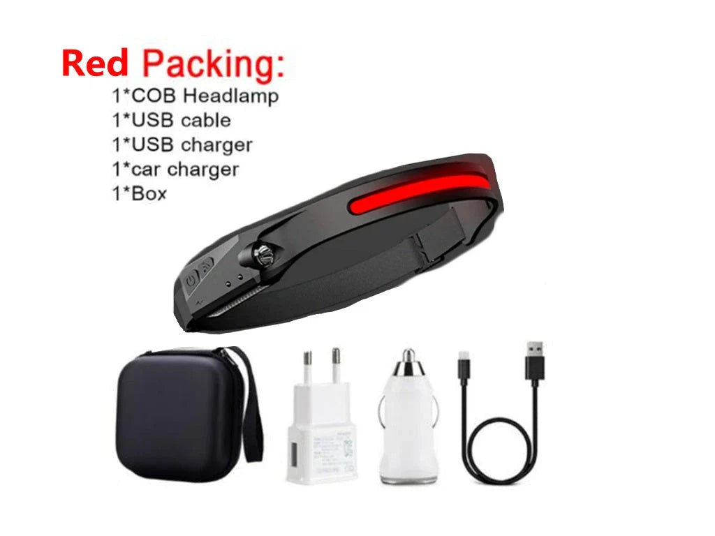 COB LED Induction Riding Headlamp Flashlight with USB rechargeable and waterproof features for outdoor activities