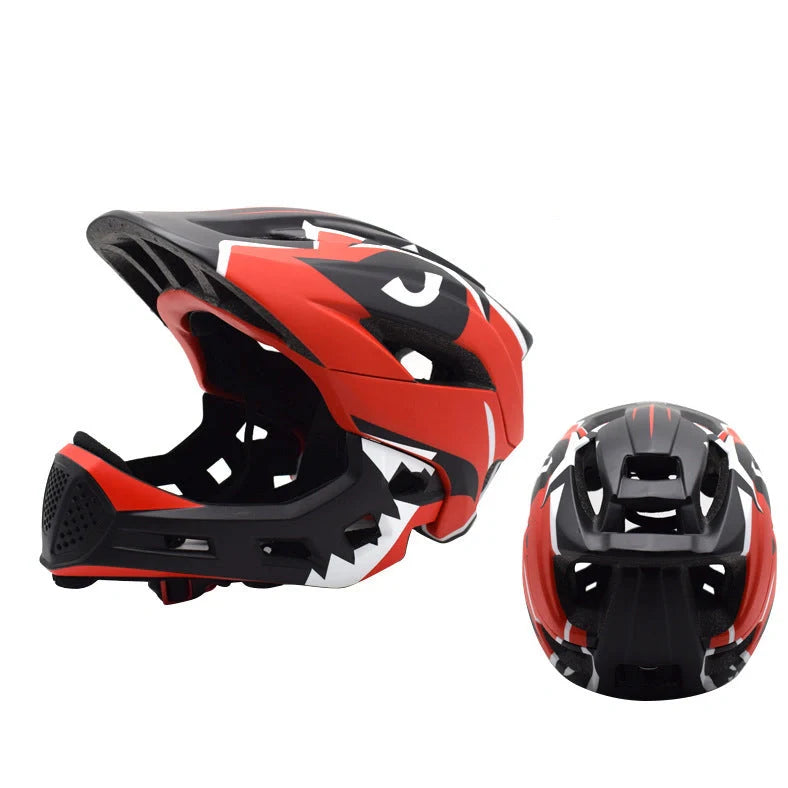 Blue children's full face bicycle helmet with ventilation holes and adjustable head strap