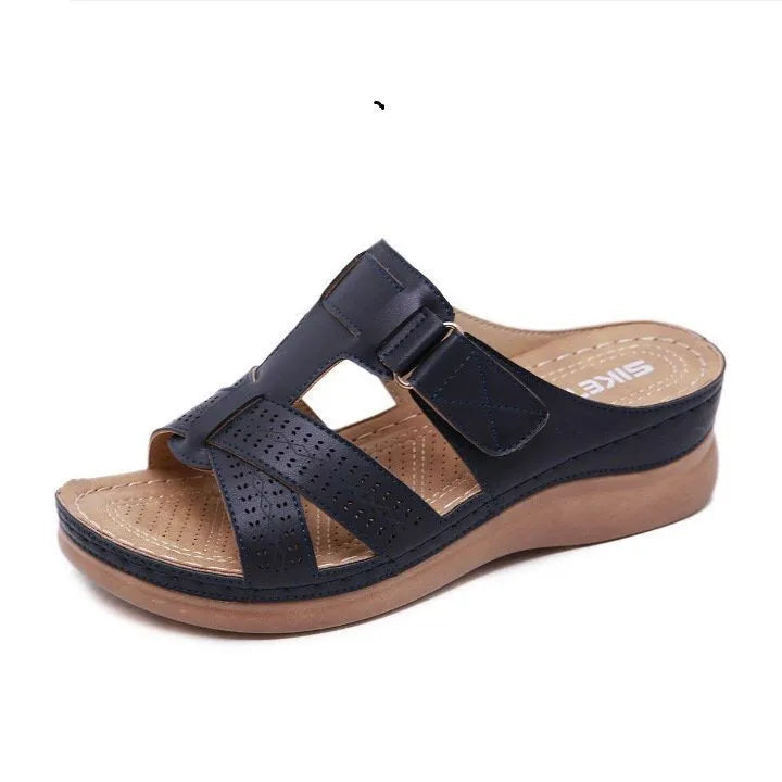Women's hollow peep toe wedge sandals with Velcro straps in a choice of six colours.