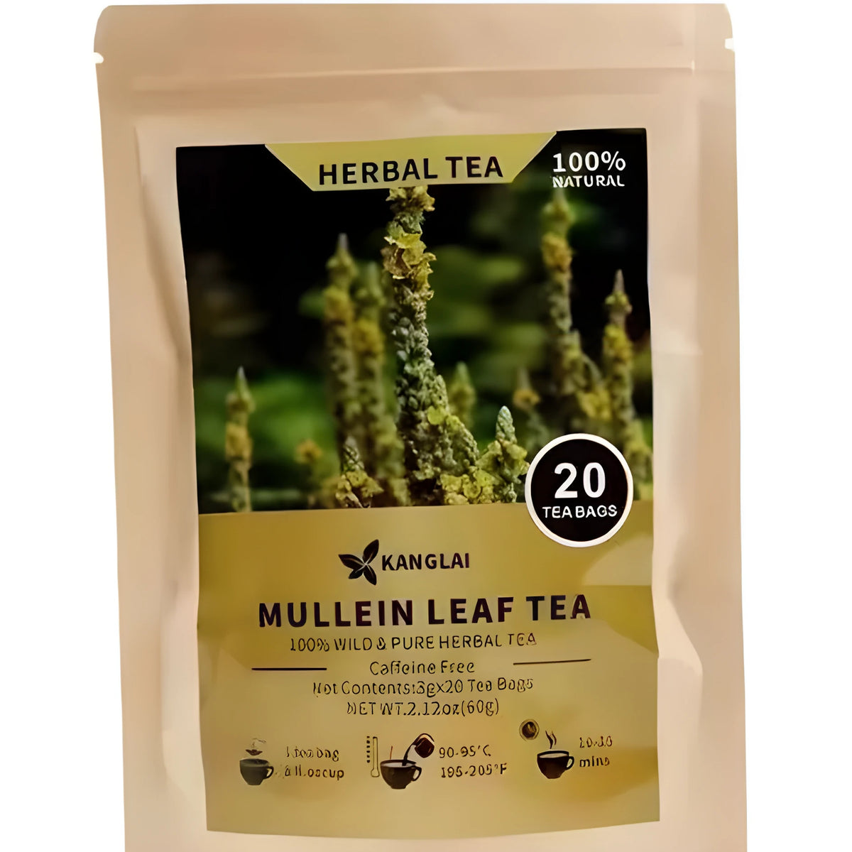 Box of Verbascum Thapsus Tea showing 20 packs of mullein leaf herbal tea bags, 60g net weight