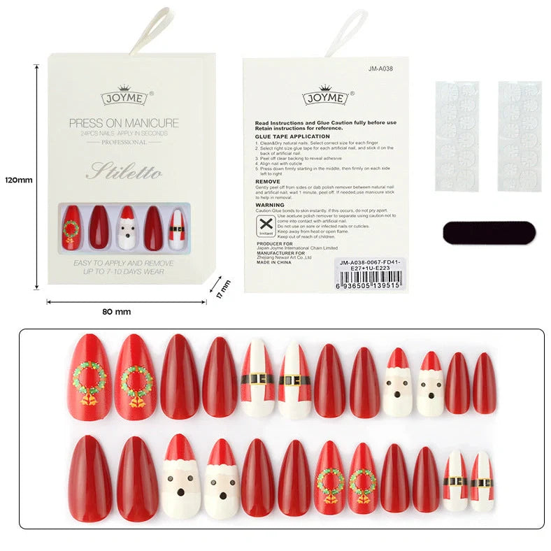 Christmas nail tips showing long, drop-shaped and almond shapes with bronzing and 3D finishes