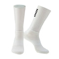 Cycling and running socks in chemical fibre blend fabric shown in orange, black, purple, white, grey, and dark blue colours.