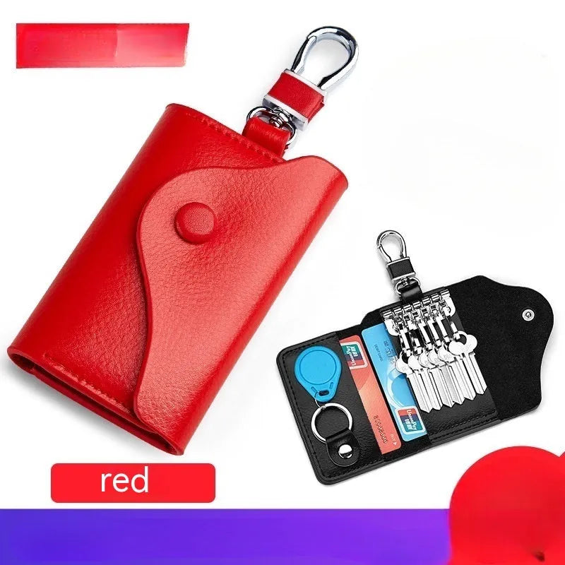 Genuine leather keychain card holder in square vertical format with internal key mapping