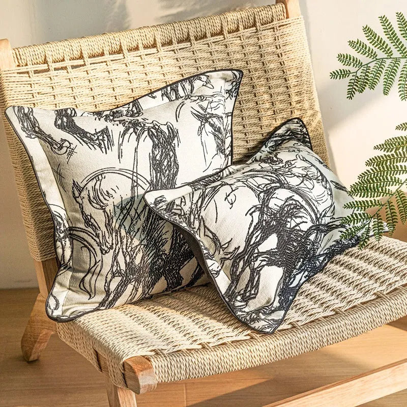 Golden horse abstract pattern Jacquard woven polyester cushion in lumbar and square sizes.
