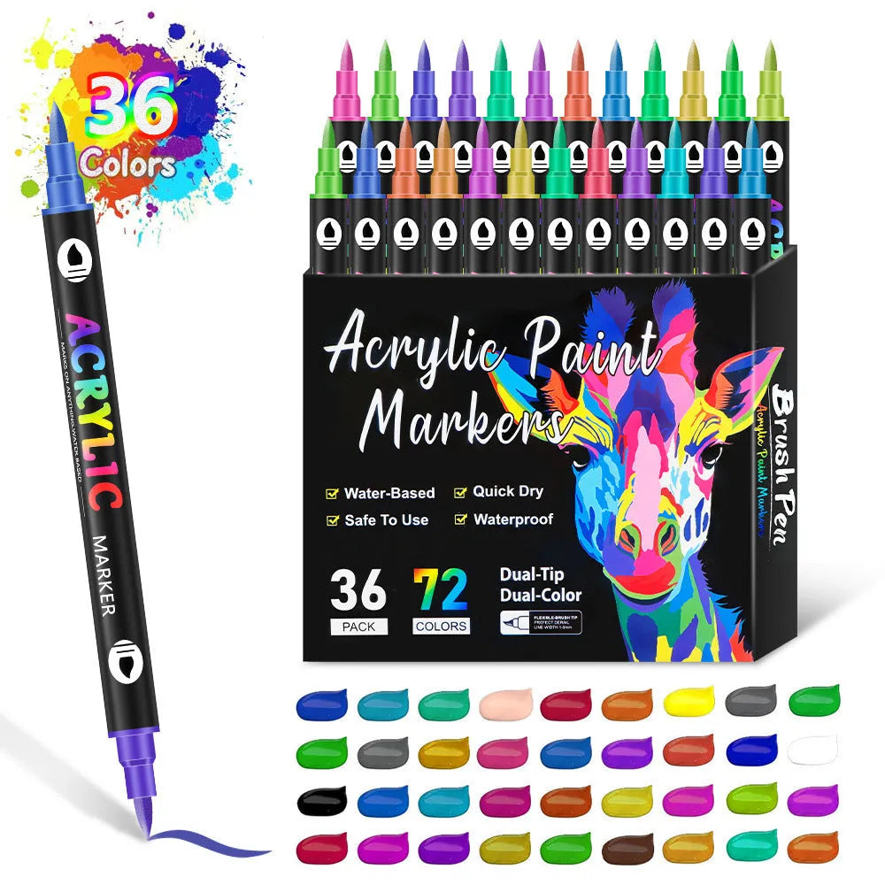 Set of washable double-headed acrylic marker pens with opaque quick-drying colours