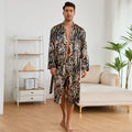 Men's tiger patterned bathrobe set with long sleeves and matching shorts on hanger