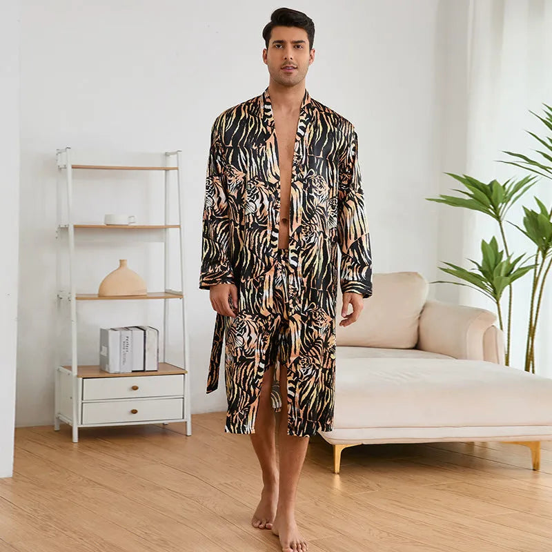 Men's tiger patterned bathrobe set with long sleeves and matching shorts on hanger