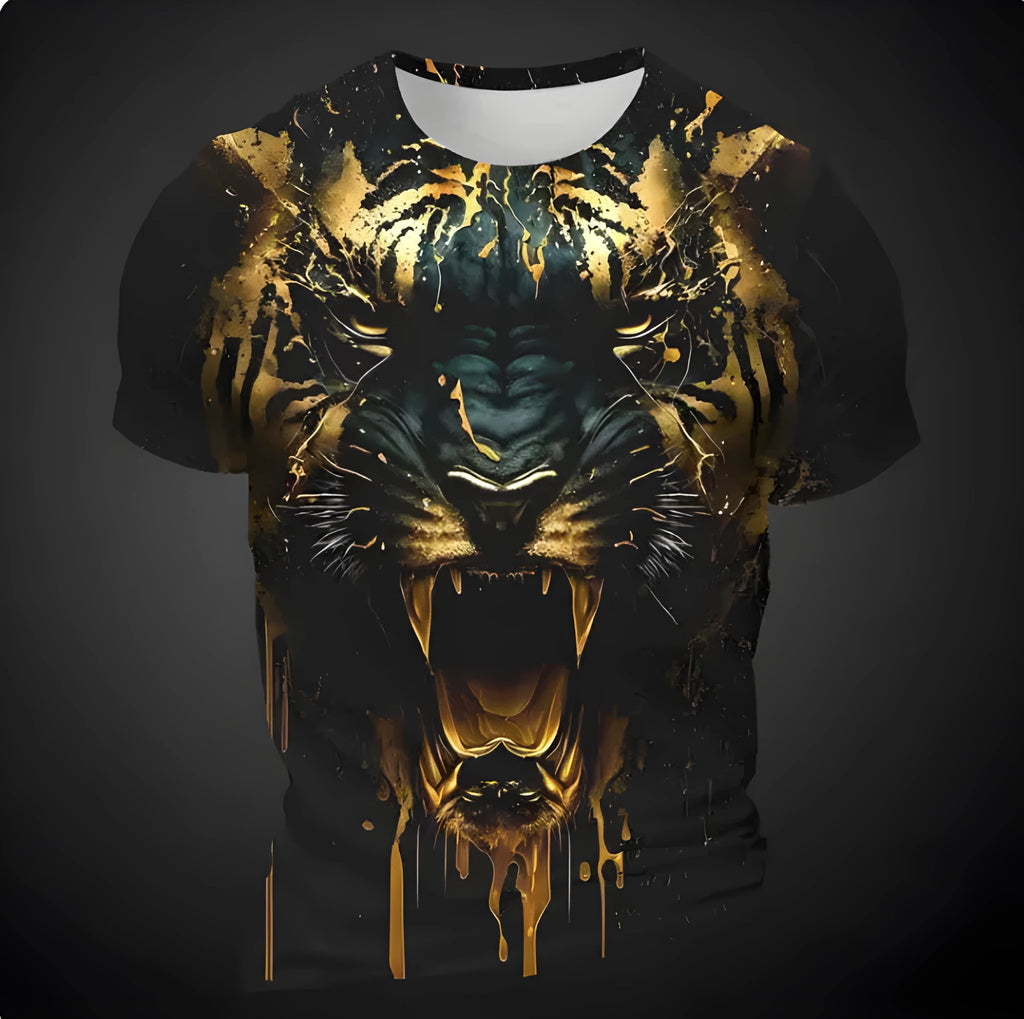 Men's short sleeve T-shirt with a detailed 3D tiger pattern print on light fabric.