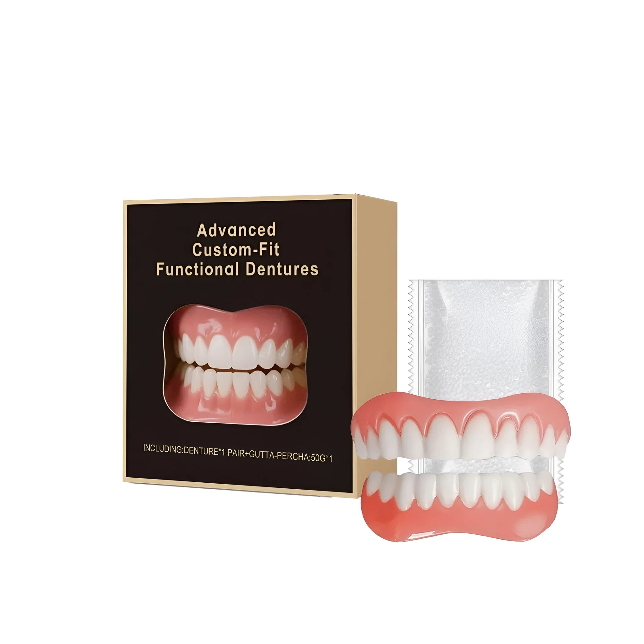 A complete set of custom-fit upper and lower functional dentures with a 50g pack of gutta percha accessory.