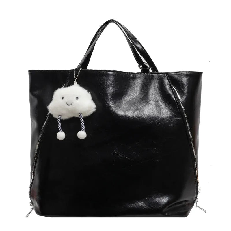 Women's large capacity PU oil leather tote bag with double zipper and sewing thread detail in four colour options