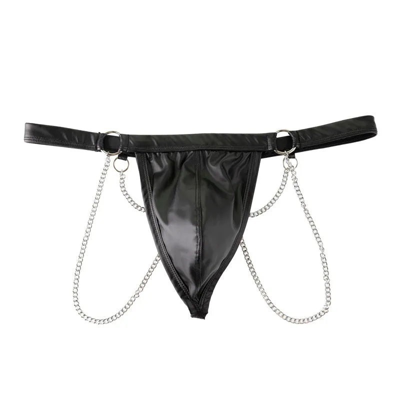 Black patent leather-look men's thong underwear with a metal chain detail on the front.