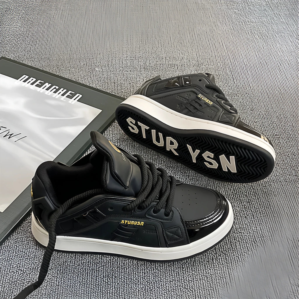 Men's black thick bottom board shoes with PU leather upper and rubber sole on a light background