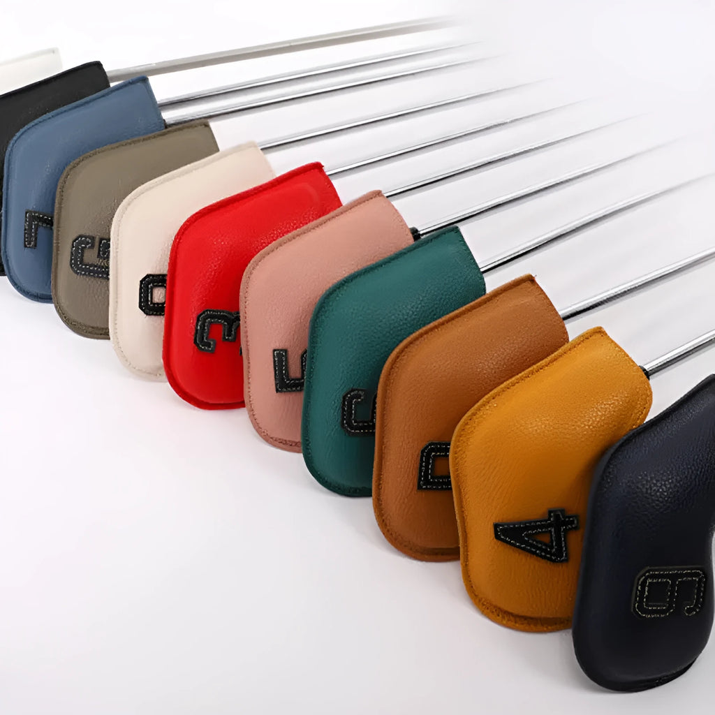 Set of 10 colourful digitally printed PU golf club headcovers for drivers, woods, and irons.