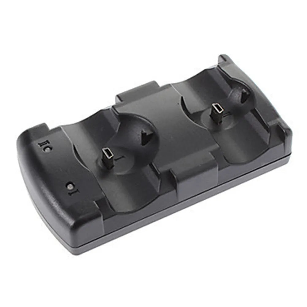 Black PS3 dual controller charging dock station showing two controllers on USB charging base.