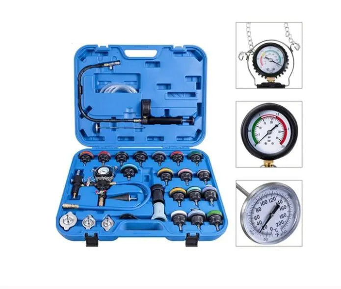 28-piece blue automotive cooling system tester kit with pressure testing and vacuum purge tools