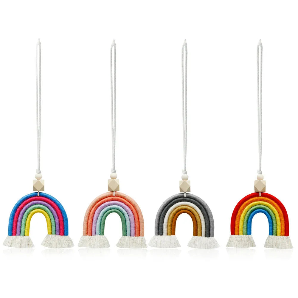 Vintage bohemian handwoven rainbow car pendant with tassel in blue, pink, grey, or red