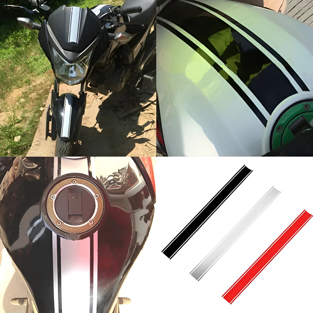 Motorcycle reflective pinstripe stickers in black, red, silver, yellow for DIY tank lid graphics.