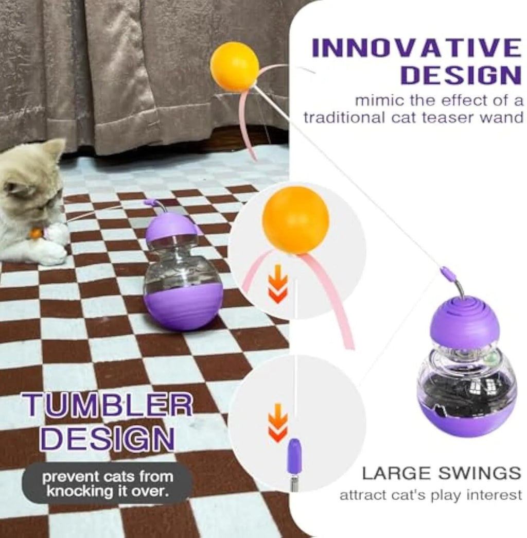 Colourful cat wand toy with ribbon ball teaser and rocking food dispenser base on a wooden floor.
