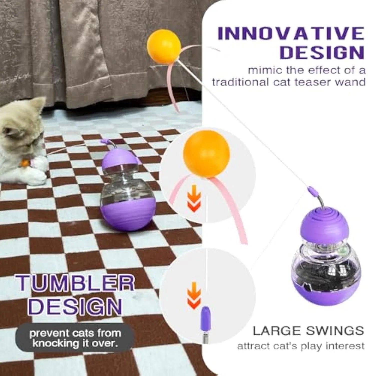 Colourful cat wand toy with ribbon ball teaser and rocking food dispenser base on a wooden floor.