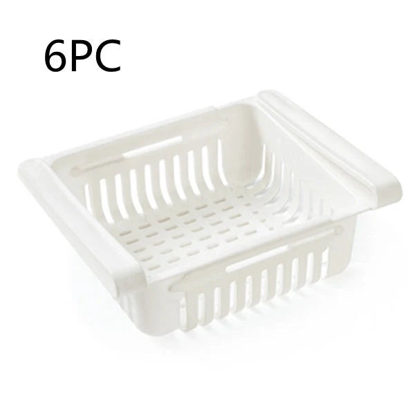 Stretchable refrigerator storage basket in white, blue, pink, and apricot colours