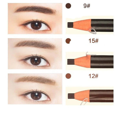 Brown microblading eyebrow pen with 0.1mm tip showing hair-like strokes on skin, 14.5cm length with protective cap