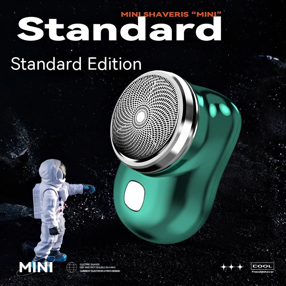 Compact electric mini shaver in cool silver with floating cutter head, 65.8 x 46 x 42mm size, rechargeable for 60+ minutes use